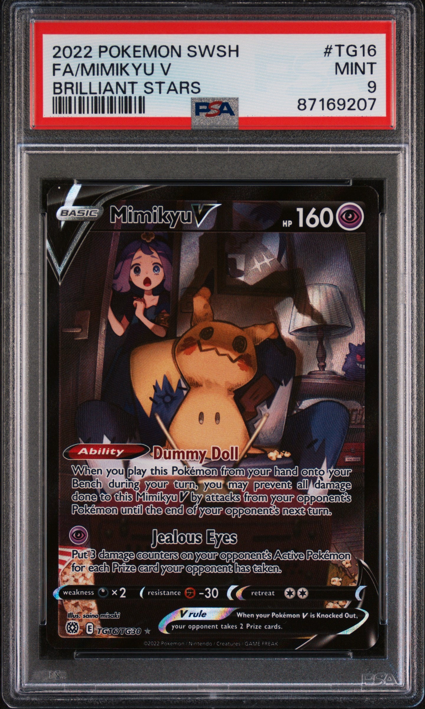 2022 Pokemon Sword & Shield Brilliant Stars #TG16 Fa/Mimikyu V PSA 9