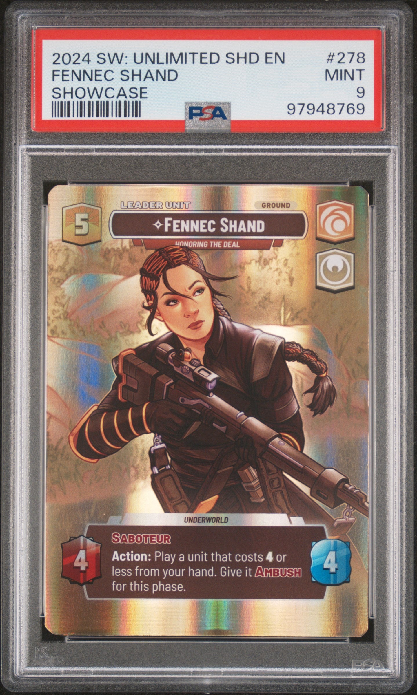 2024 Star Wars: Unlimited Shadows Of The Galaxy #278 Fennec Shand Showcase PSA 9