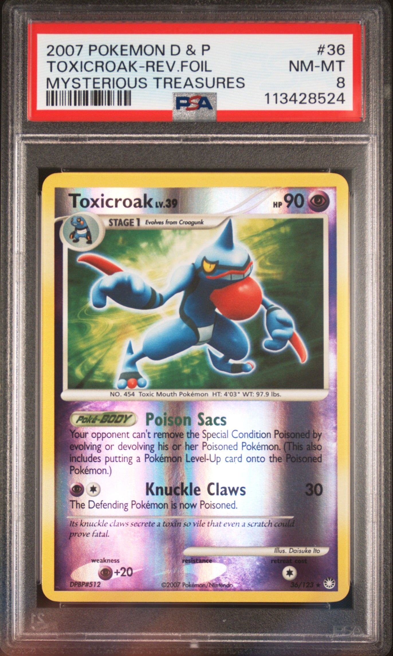 2007 Mysterious Treasures #36/123 Toxicroak Rev.Foil PSA 8